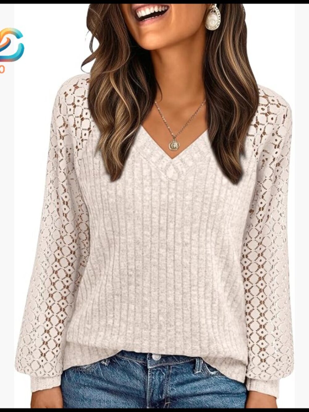 Lace Long Sleeve Tunic Blouse V-Neck Regular Fit Polyester Rayon Spandex